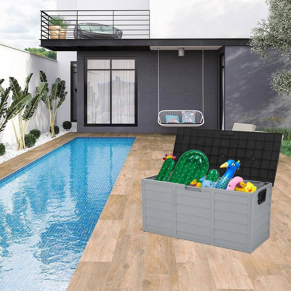 75 Gal. Plastic Outdoor Garden Storage Deck Box Chest Tools Cushions Toys Lockable Seat with Wheels in Light Gray - Hercitys