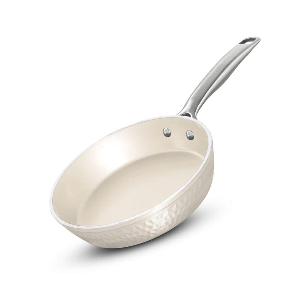 Hammered Cream 12 in. Aluminum Ceramic Coating Non-Stick Frying Pan - Hercitys