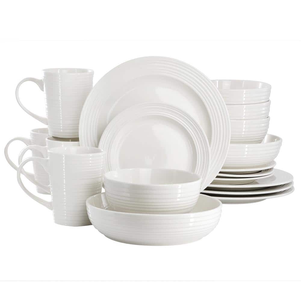 Nikki 18-Piece Ribbed White Porcelain Dinnerware and Serving Bowl Set - Hercitys