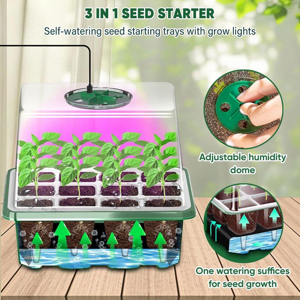 Seed Starter Tray with Grow Light 5-Pack 60 Cells Kit Seedling Starter Trays with Dome Heightened Lids Greenhouse Green - Hercitys