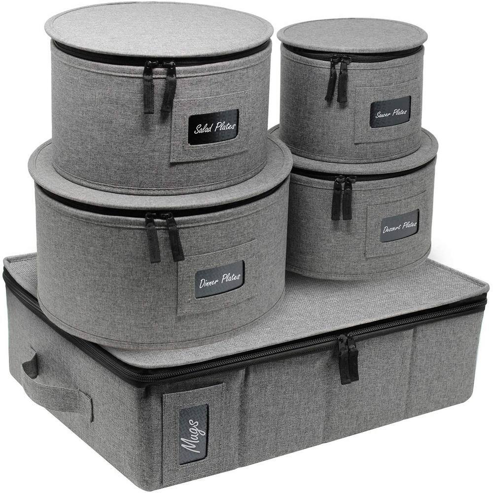 Cup and Plate Storage Organizer Gray Polyester Dinnerware Storage with Zip lock lid 5 Pack - Hercitys