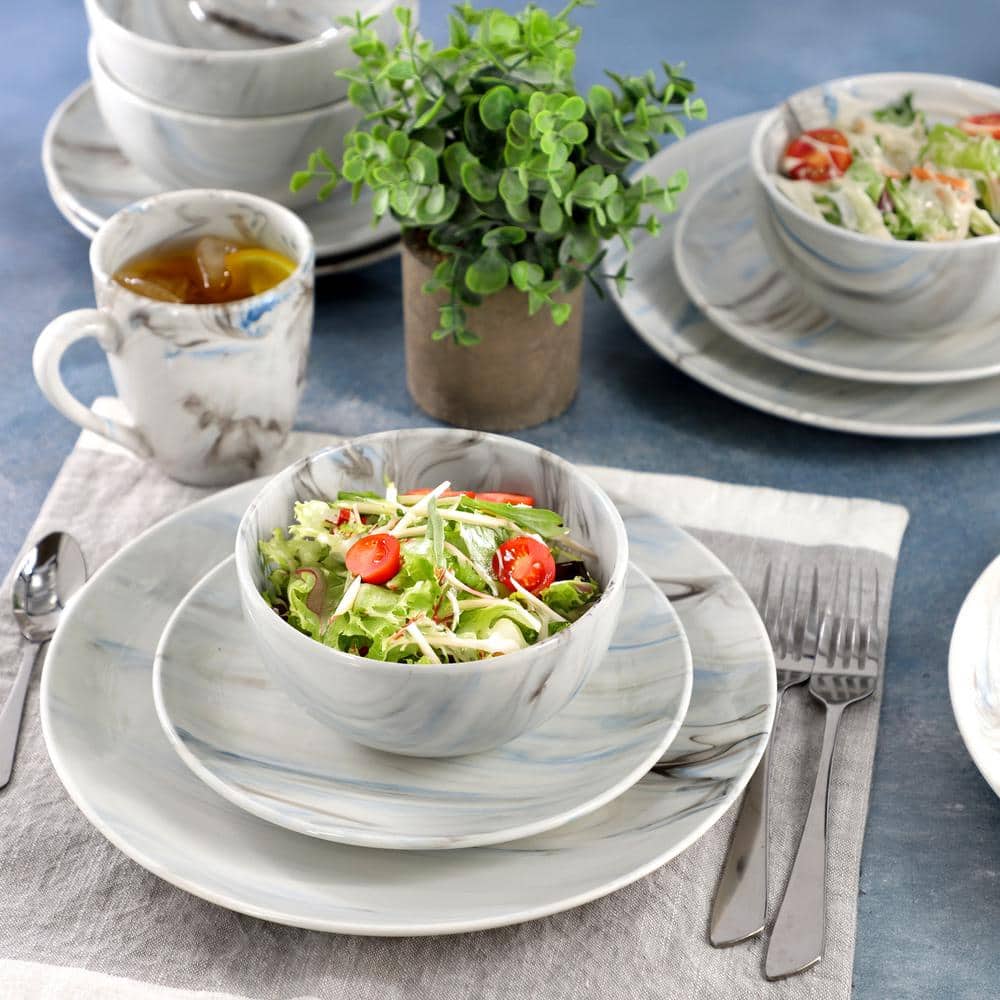 Fine Marble 16-Piece Porcelain Dinnerware Set in Blue and Gray - Hercitys