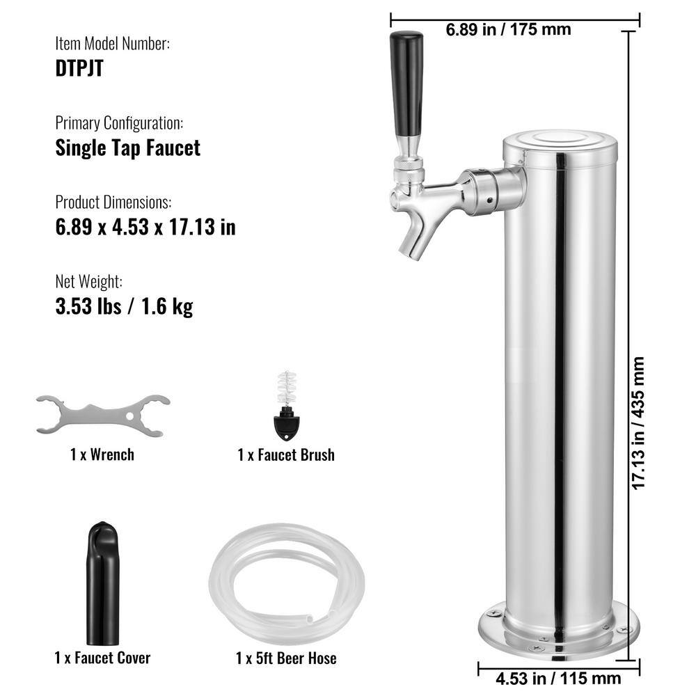 Single Faucet Draft Beer Tower Dispenser, Stainless Steel Keg Tower Kit with Pre-Assembled Tubing and Shank, Silver - Hercitys
