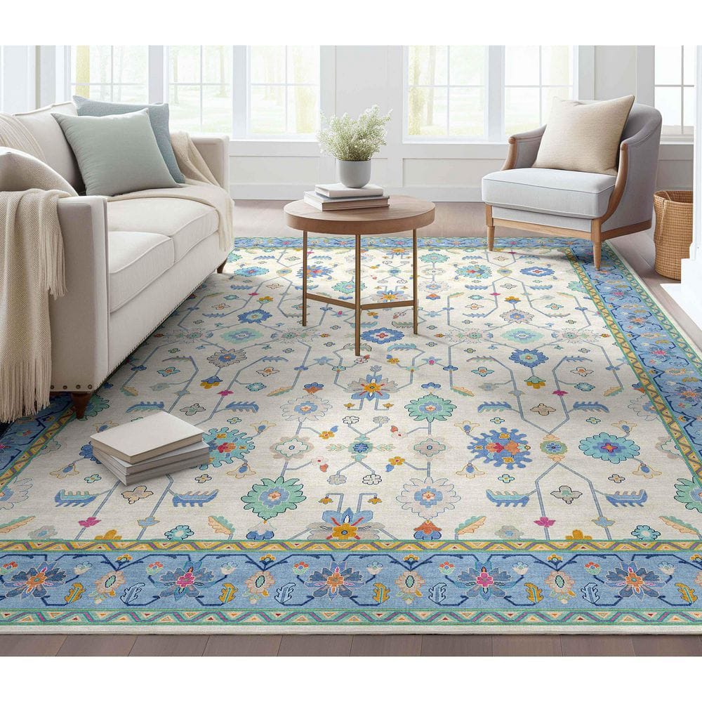 Ushak Antalya Modern Vintage Persian, 5 ft. 3 in. x 7 ft. 3 in., Ivory Blue Multi Area Rug - Hercitys