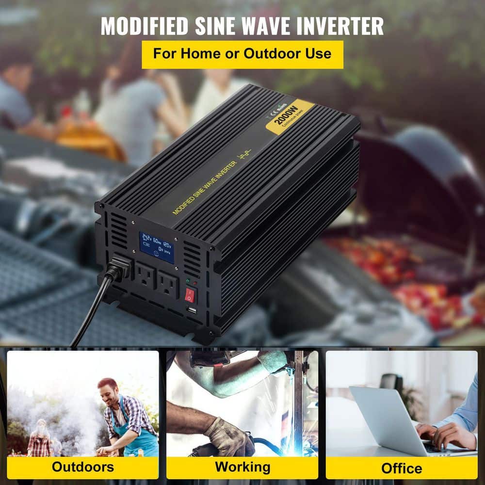 Car Power Converter 2000-Watt Modified Sine Wave Inverter DC 12-Volt to AC 120-Volt with LCD Display Remote Controller - Hercitys