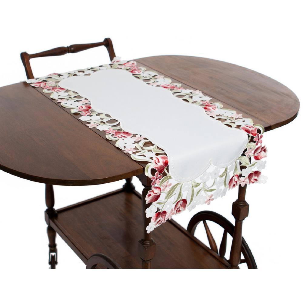 Lush Rosette 16 in. x 34 in. White Embroidered Cutwork Table Runner - Hercitys