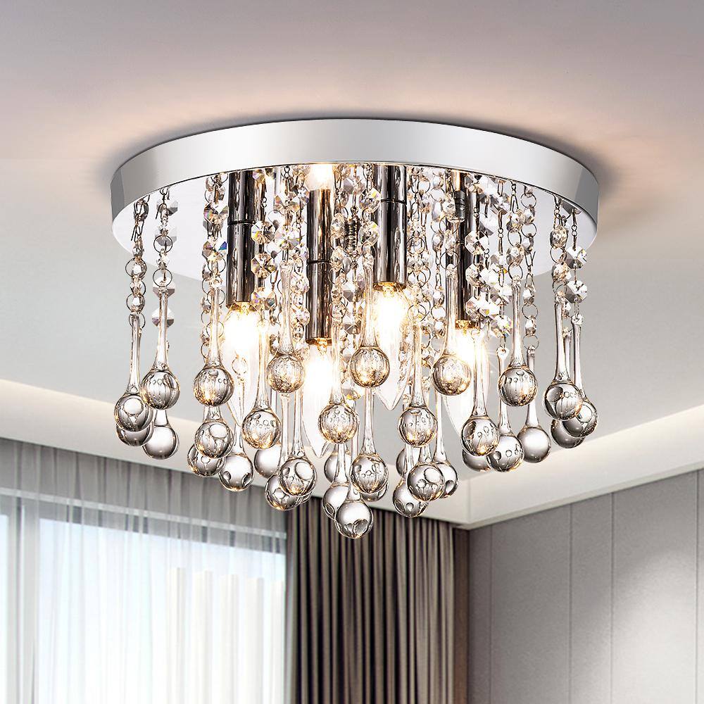 Sonoma 11.8 in. 4-Light Modern Chrome Metal Crystal Flush Mount - Hercitys