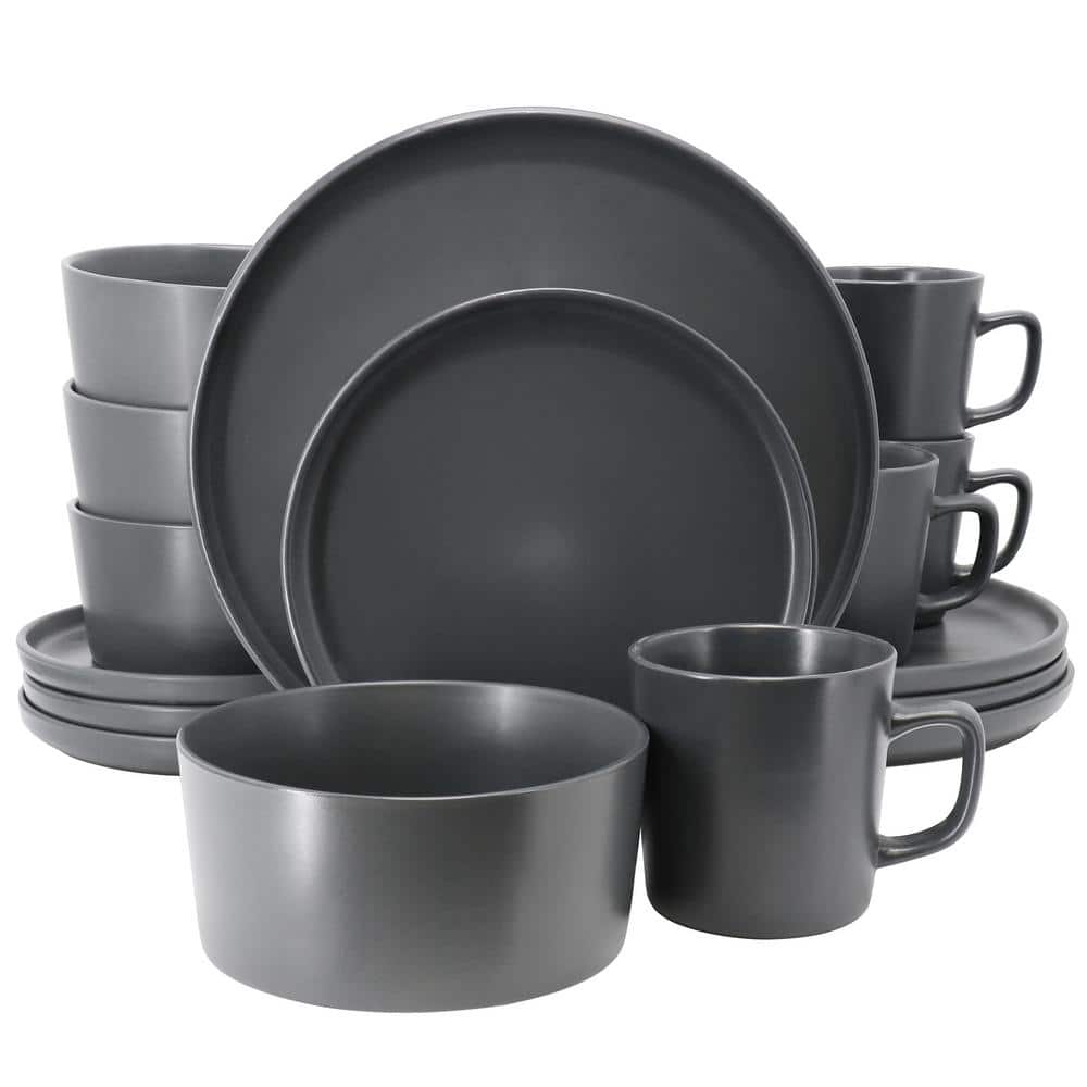 Lux Matte 16-Piece Matte Dark Gray Stoneware Dinnerware Set, Service for 4 - Hercitys