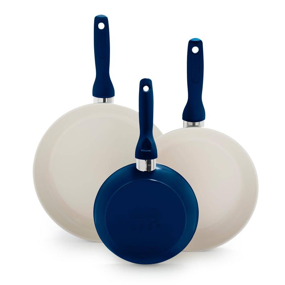 Rio Aluminum Ceramic Nonstick 3-Piece Frypan Skillet Set in Navy Blue - Hercitys