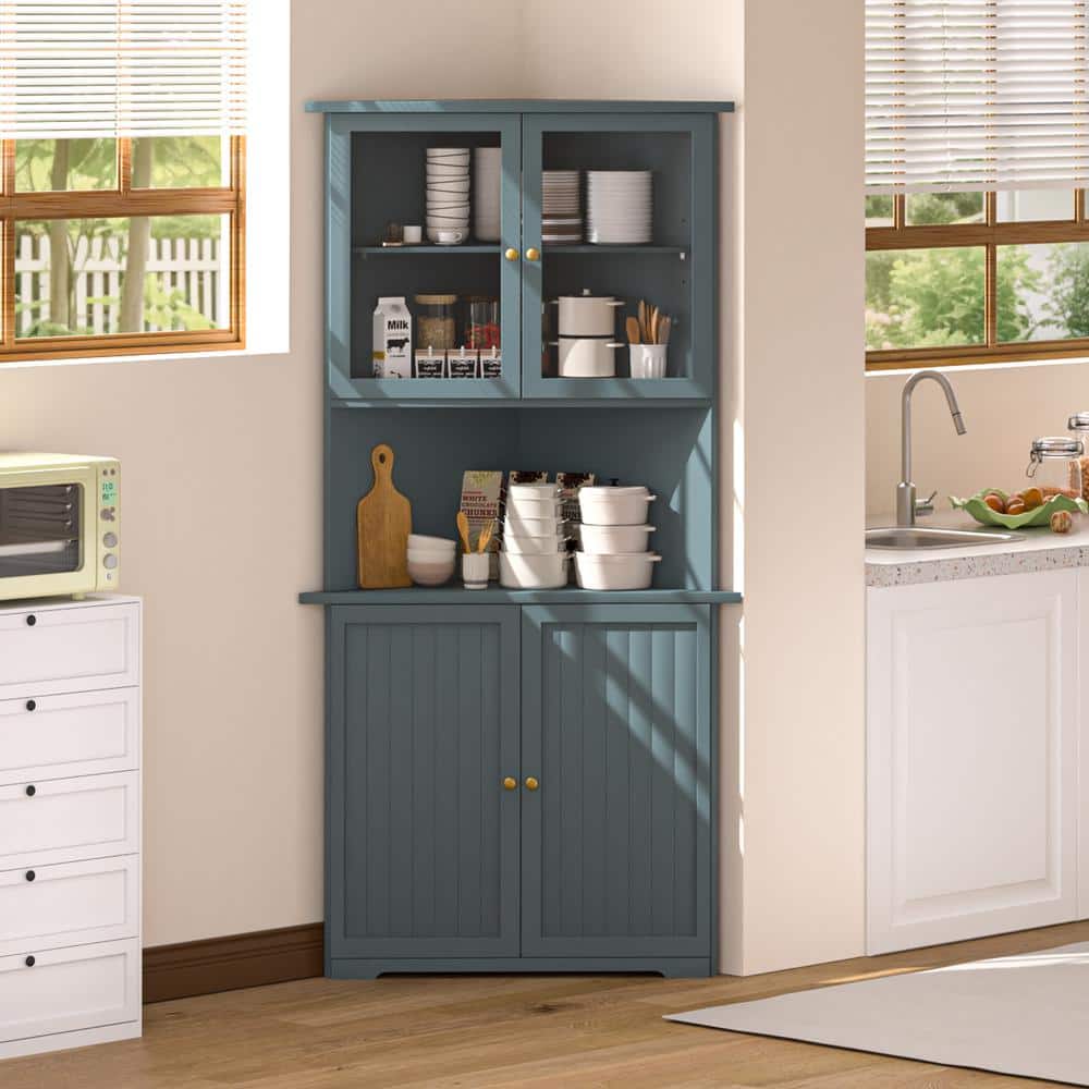 Corner Pantry Organizer Cabinet with Adjustable Shelves and Glass Doors in Teal Blue - Hercitys