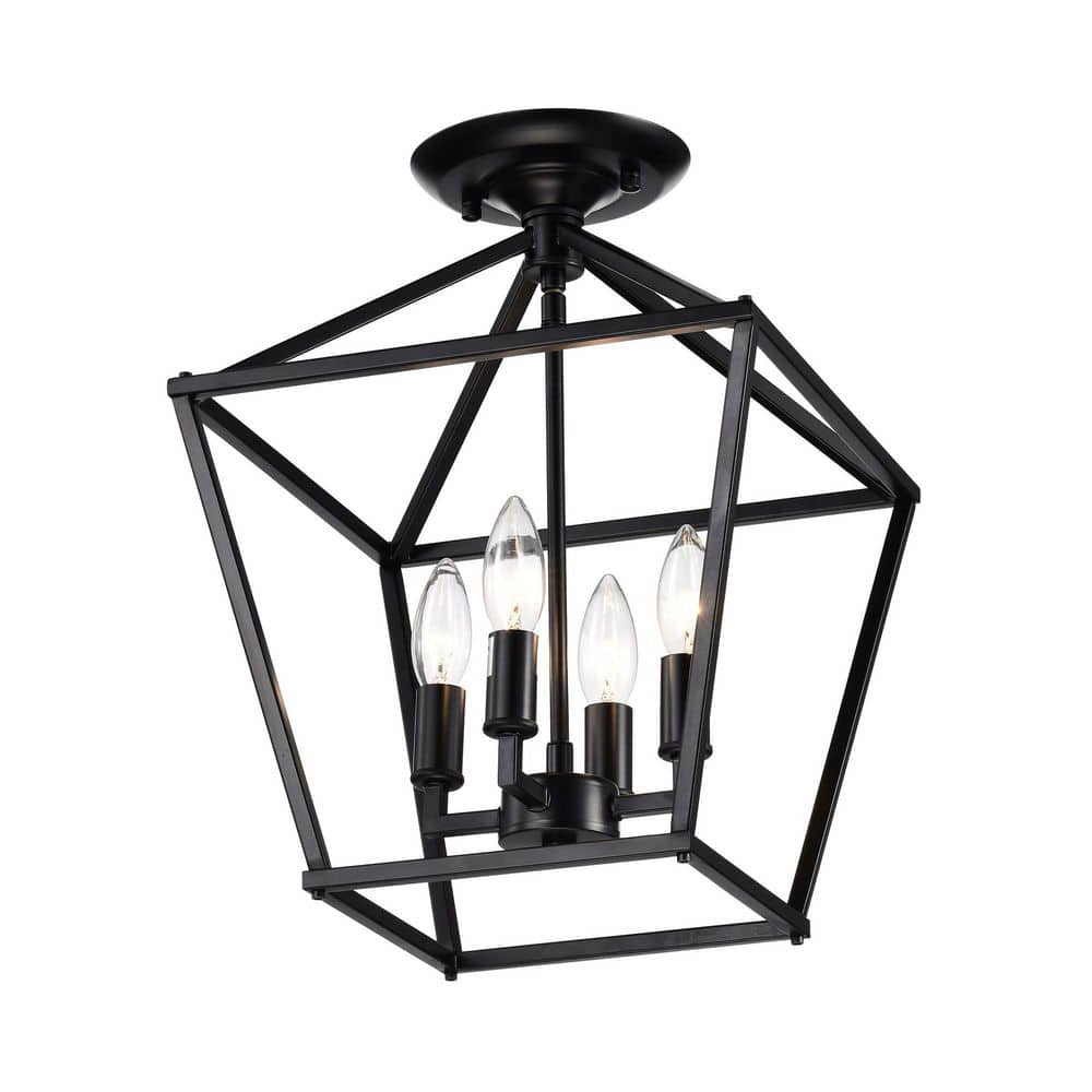 Renzo 12 in. 4-Light Matte Black Cage Lantern Farmhouse Semi-Flush Mount - Hercitys