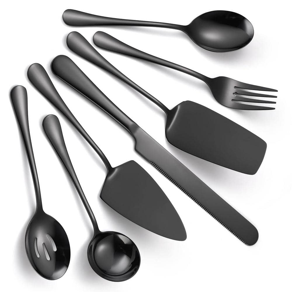 7-Piece Black Stainless Steel Flatware Serving Set Catering Utensils Include Soup Ladle, Slotted Spoon and Server Fork - Hercitys