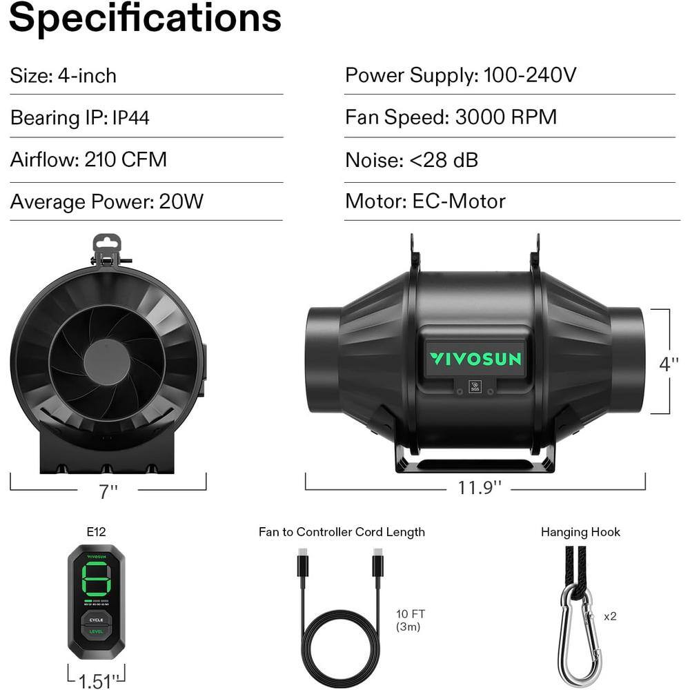 AeroZesh T4 210 CFM Inline Duct Fan with E12 Speed Controller - Hercitys