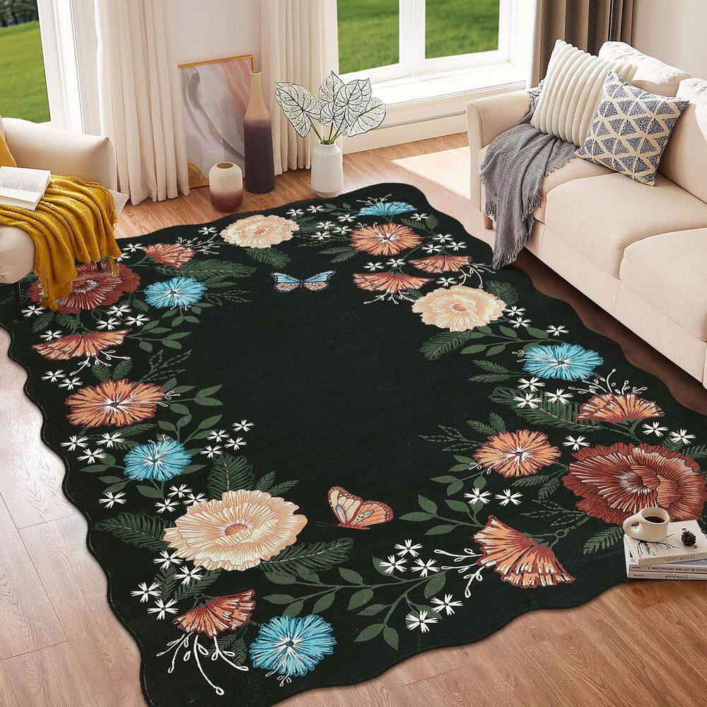 Wavy Edge Decorative Machine Washable Vintage Floral Printed Carpet for Bedroom Apartment Black 9 ft. x 12 ft. Area Rug - Hercitys
