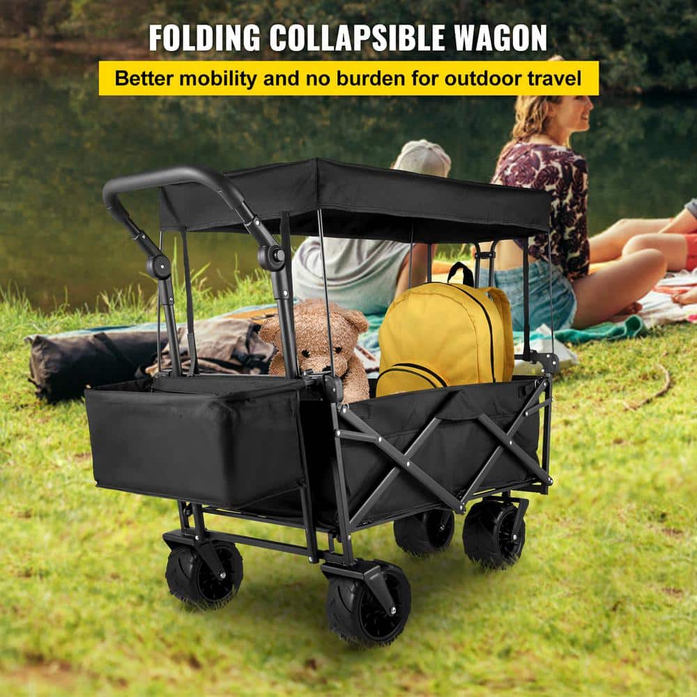 Extra Large Collapsible Garden Cart with Removable Canopy Folding Utility Wagon with Wheels, Black, 3 cu. ft., Steel Bin - Hercitys