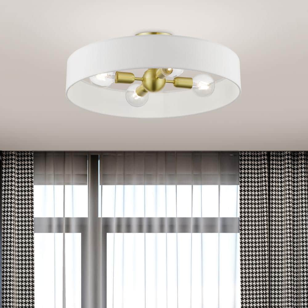 Venlo 22 in. 4-Light Satin Brass Semi-Flush Mount with Off-White Fabric Shade - Hercitys