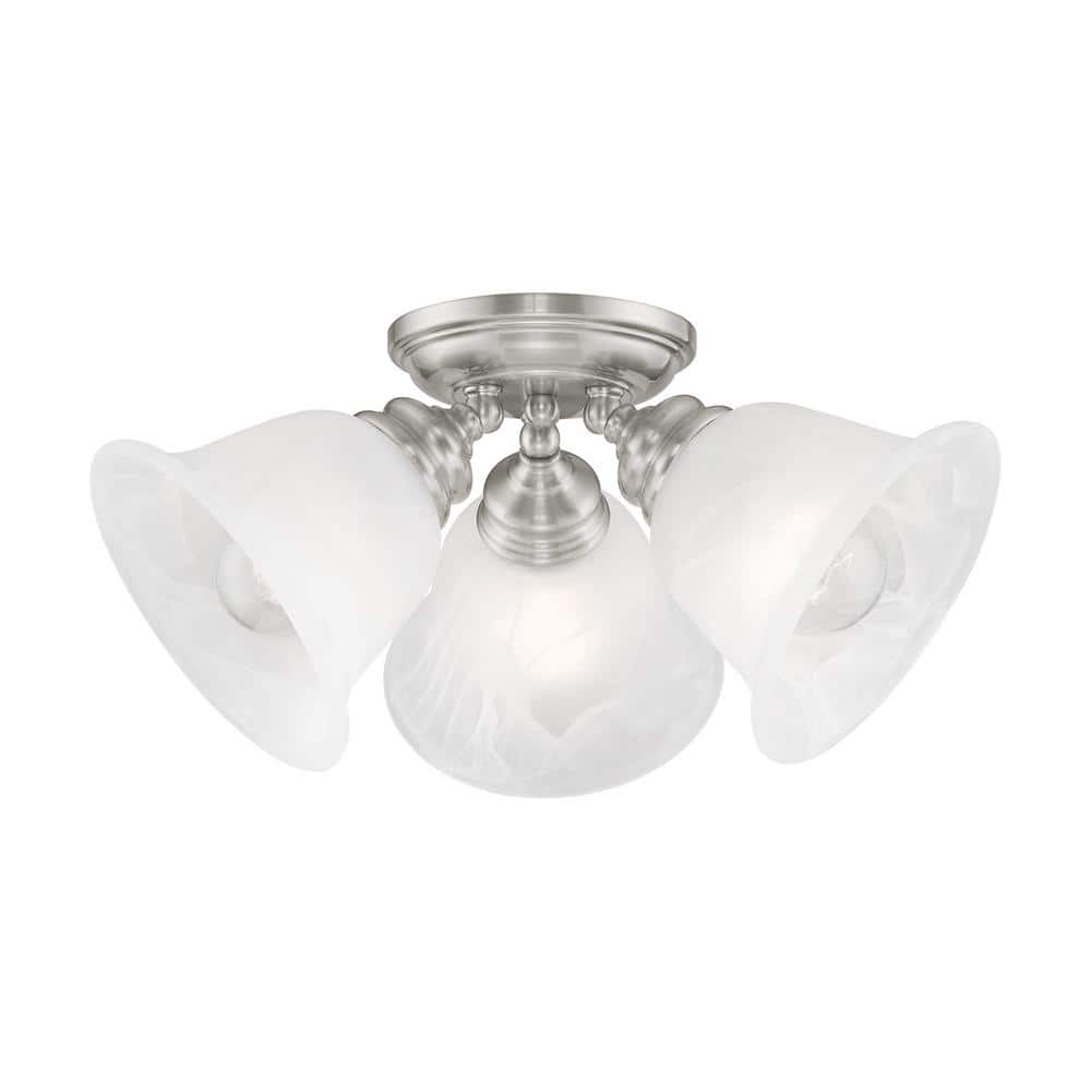 Woodside 14.5 in. 3-Light Brushed Nickel Industrial Semi Flush Mount with Alabaster Glass and No Bulbs Included - Hercitys