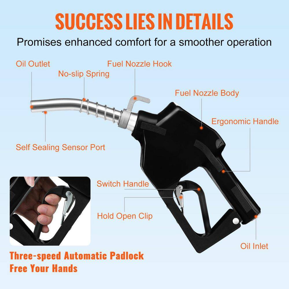 Automatic Fuel Nozzle, 3/4 in. NPT Inlet Thread and 15/16 in. Spout, 16 GPM Max Flow Rate, Auto Shut Off, Pump Handle - Hercitys