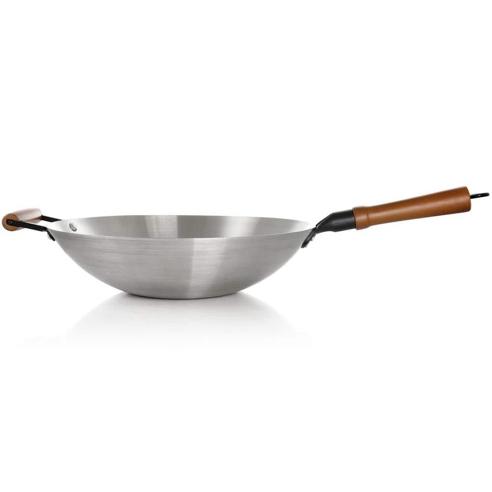 Sangerfield 14 in. Stainless Steel Flat Bottom Wok in Silver with Wooden Handles - Hercitys