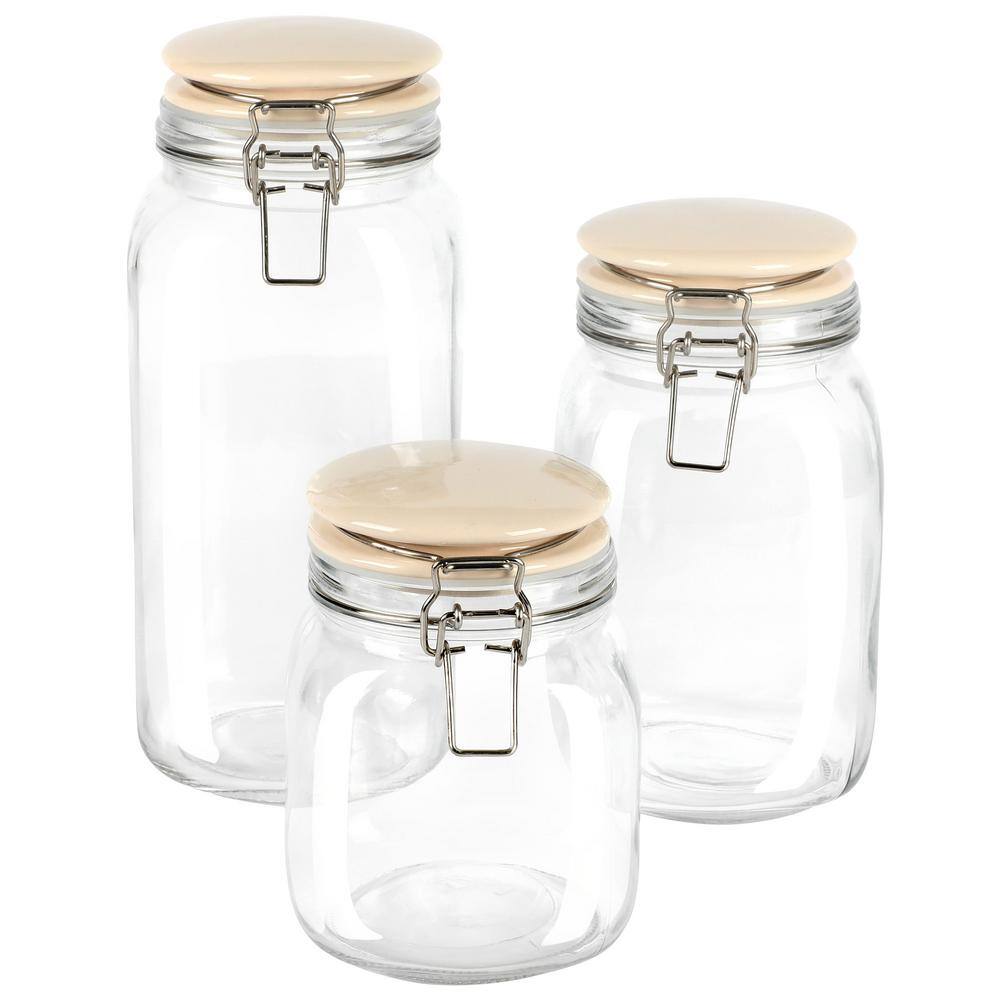Rindleton 3-Piece Glass Canister Set with Ceramic Lids in Off-White - Hercitys