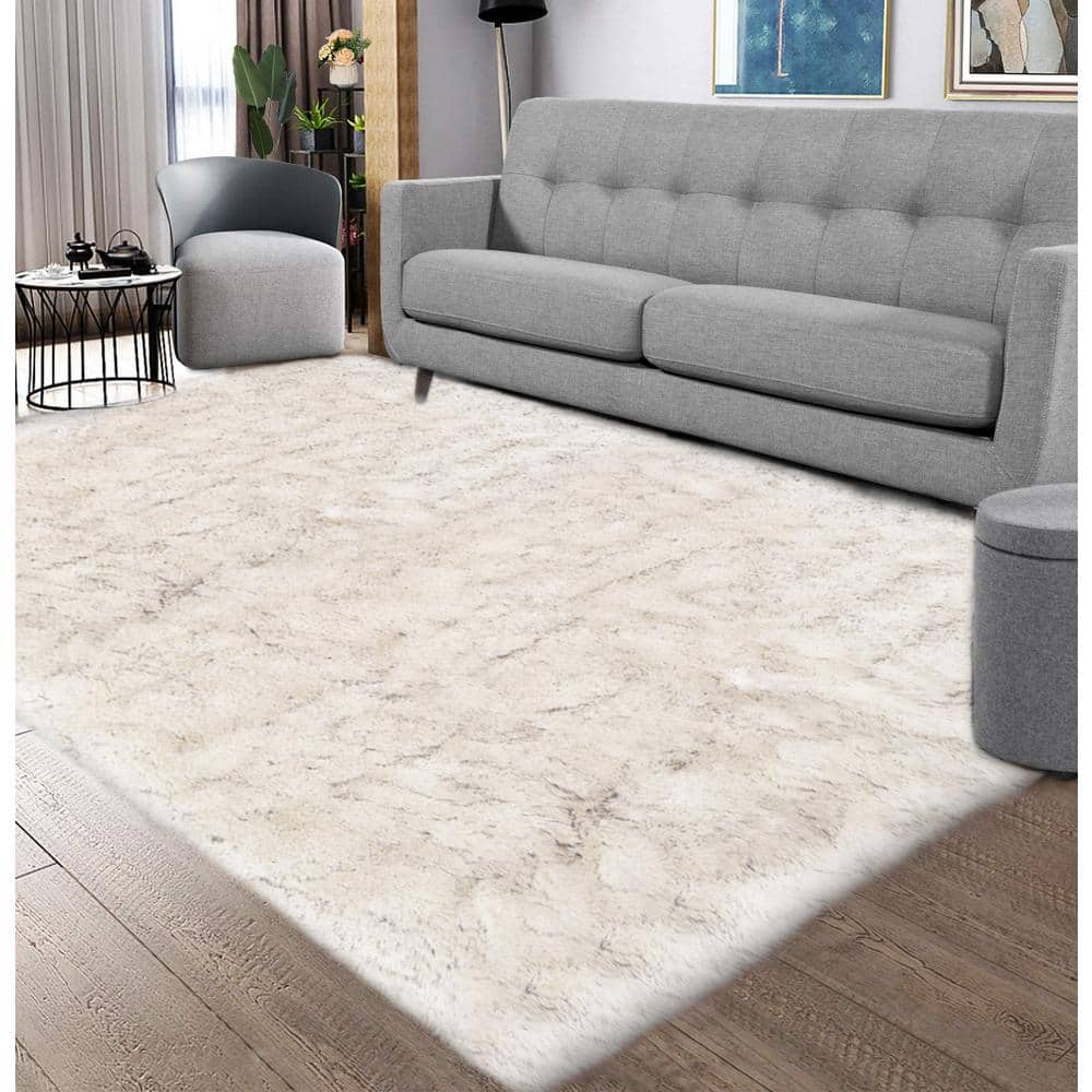 Sheepskin Faux Fur White/Gray 5 ft. x 7 ft. Cozy Fluffy Rugs Area Rug - Hercitys