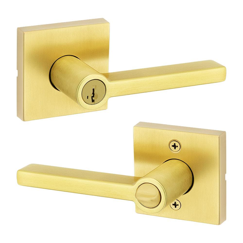 Halifax Square Satin Brass Keyed Entry Door Handle Handle Featuring SmartKey Security - Hercitys