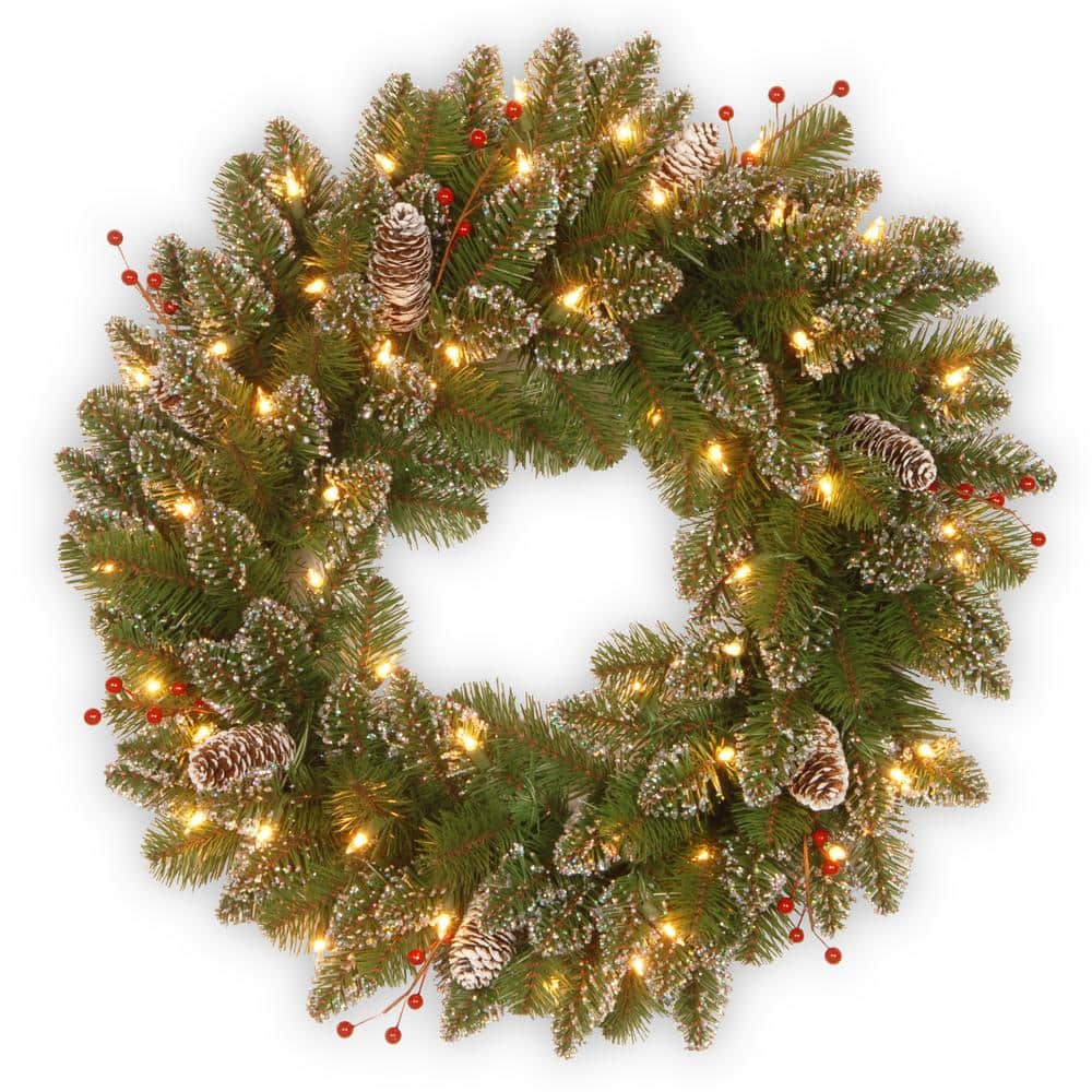 Glittery Mountain Spruce 24 in. Artificial Wreath with Battery Operated Warm White LED Lights - Hercitys