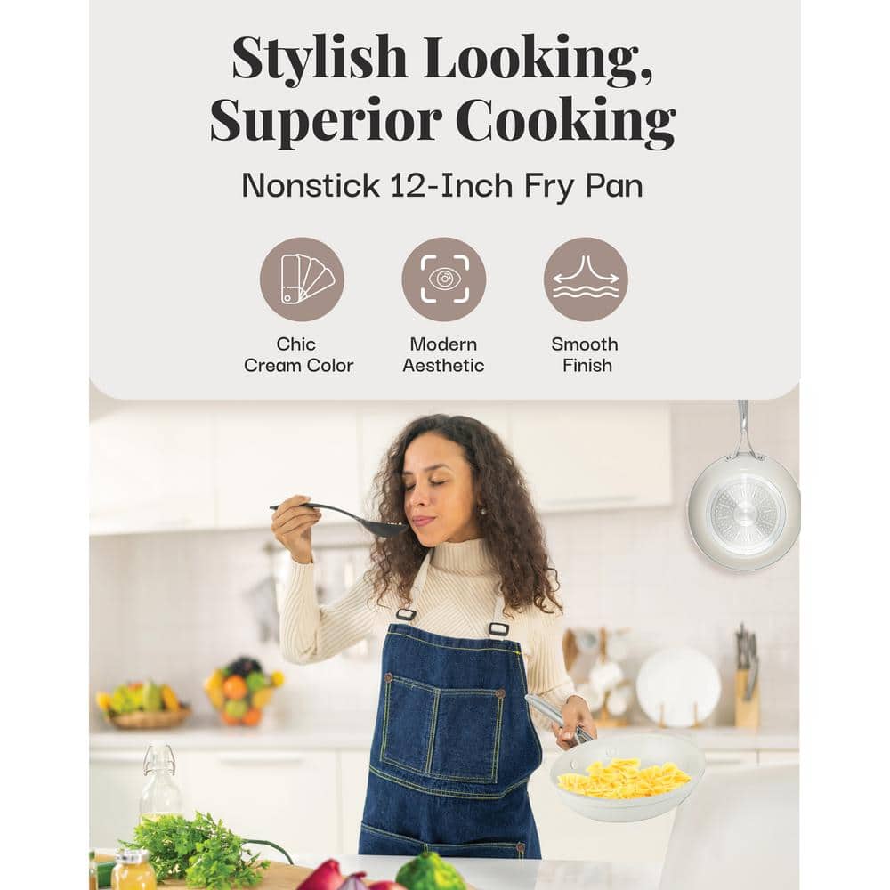 Natural Collection 12 in. Aluminum Ceramic Nonstick Frying Pan in Cream - Hercitys