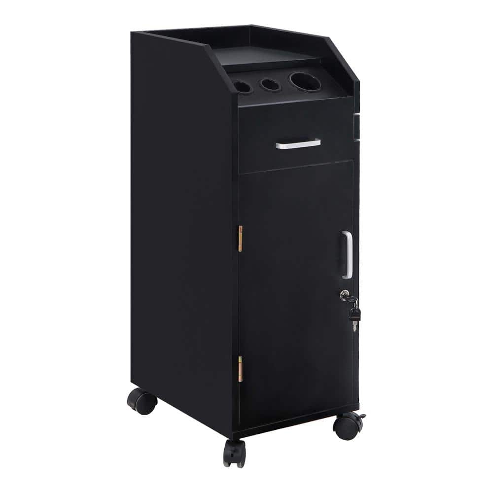 Salon Trolley Storage Cart with 4 Storage Drawer 3 Hair Dryer Holder Equipment in Black - Hercitys