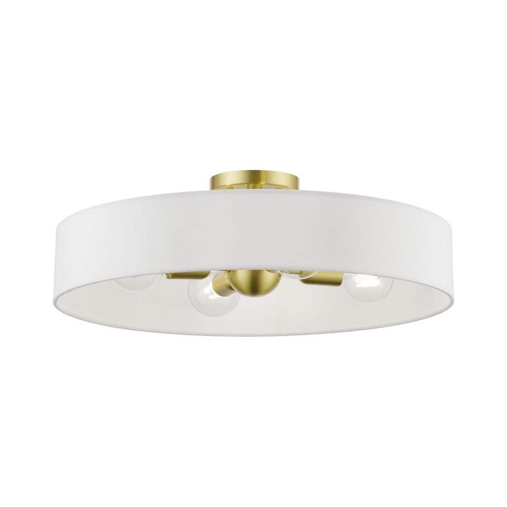Venlo 22 in. 4-Light Satin Brass Semi-Flush Mount with Off-White Fabric Shade - Hercitys