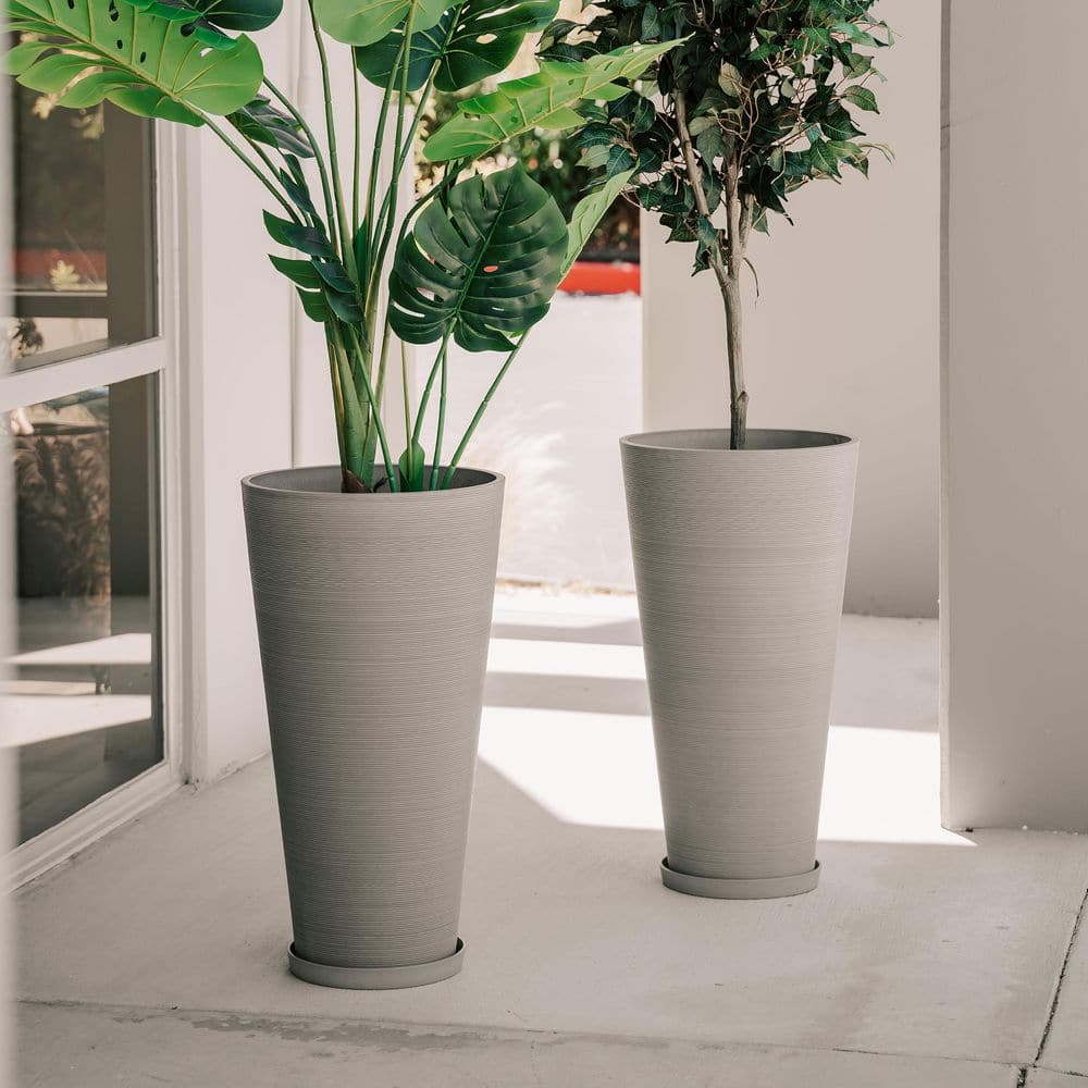 Modern 28 in. Gray Round Planter (Set of 2) Tapered Plastic Design for Indoor & Outdoor Use, Perfect for Patio Decor - Hercitys