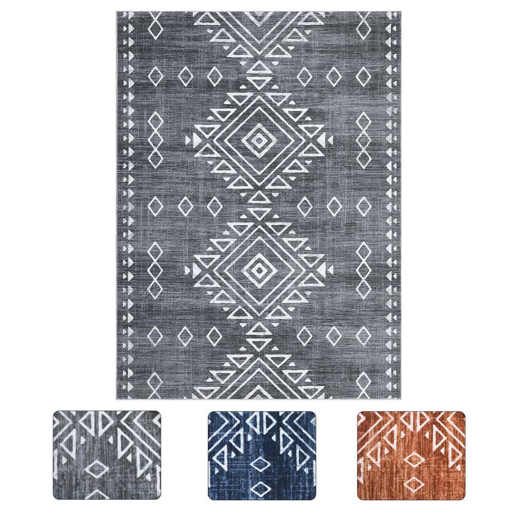 Gray 9x12ft Geometric Retro Corridor Strip Carpet Tribal Style Distressed Area Rug - Hercitys