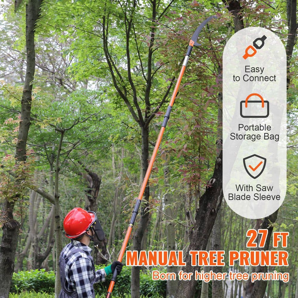 Manual Pole Saw, 7.3-27 ft. 0.05 in. Sharp Steel Blade, Extendable Pruning Saw, Lightweight 8 ft. Fiberglass Handles - Hercitys