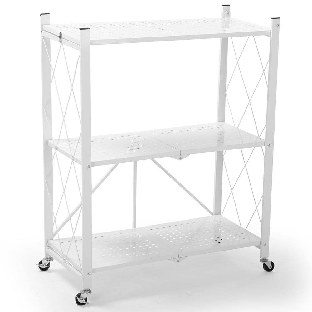 White 3-Tier Metal Collapsible Garage Storage Shelving Unit (28 in. W x 35 in. H x 15 in. D) - Hercitys