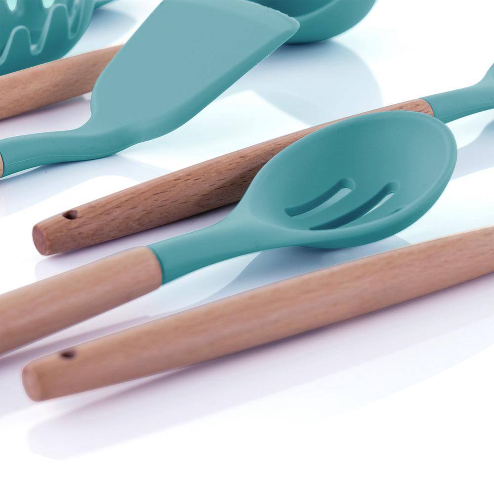 Light Teal Silicone and Wood Cooking Utensils (Set of 9) - Hercitys
