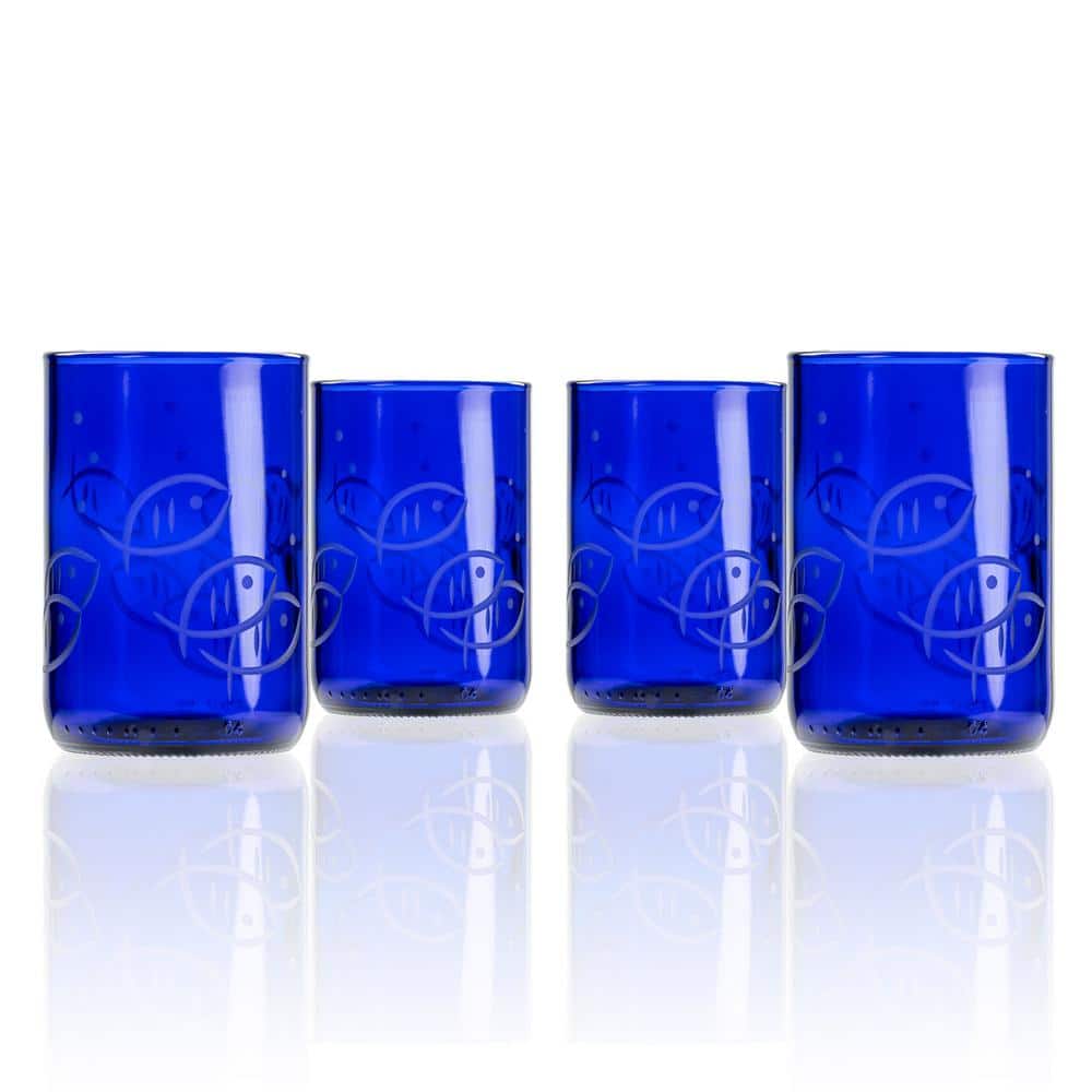 Blue Fish 14 oz. Repurposed Blue Tumbler Glasses – Set of 4 - Hercitys