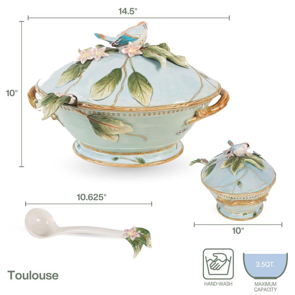 Toulouse 14.5 in. 112 fl.oz Blue Earthenware Soup Serving Bowl, 2-Piece - Hercitys