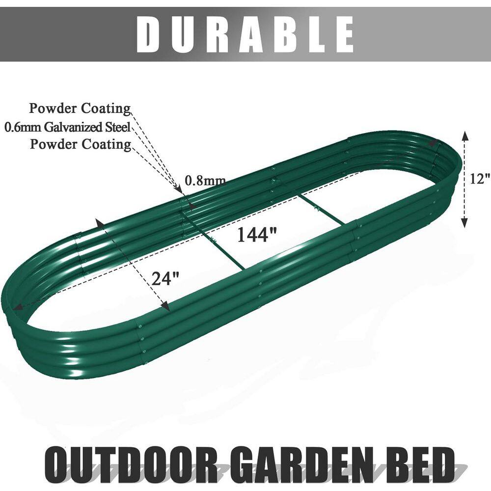 Green 144 in. x 24 in. x 12 in. Oval Galvanized Raised Garden Bed, Metal Planter Box for Vegetables Flowers Herbs Fruits - Hercitys