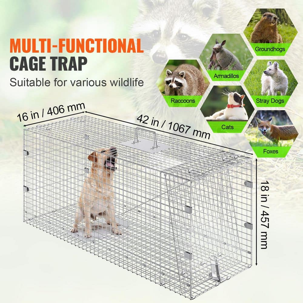 Live Animal Cage Trap 42 x 16 x 18 in. Humane Trap Galvanized Iron Folding Animal Trap with Handle for Marmots Foxes - Hercitys