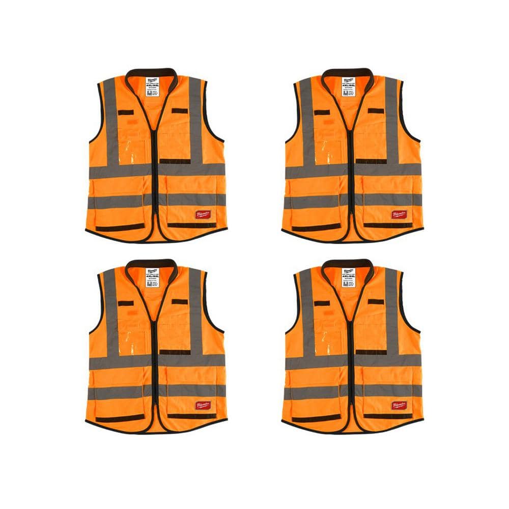 Performance 4X-Large/5X-Large Orange Class 2-High Visibility Safety Vest with 15-Pockets (4-Pack) - Hercitys