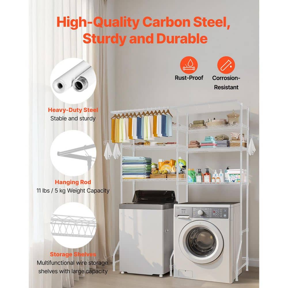 Over Washer and Dryer Storage Shelves, 6 Tiers Laundry Room Drying Rack with Hanger Rod and Hooks, Shelves White - Hercitys