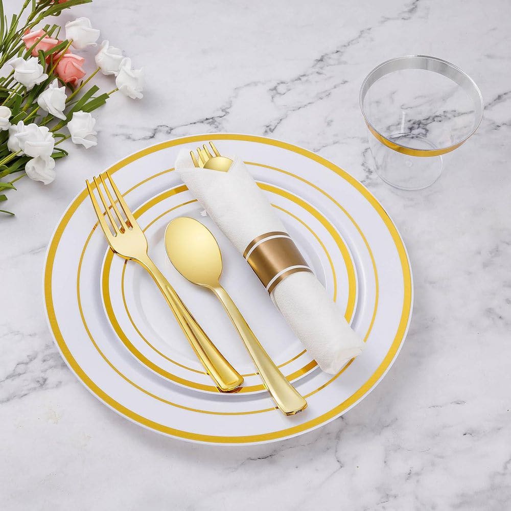 Gold Plastic Disposable Dinnerware Set for 50-Guests, 350-Pieces - Hercitys