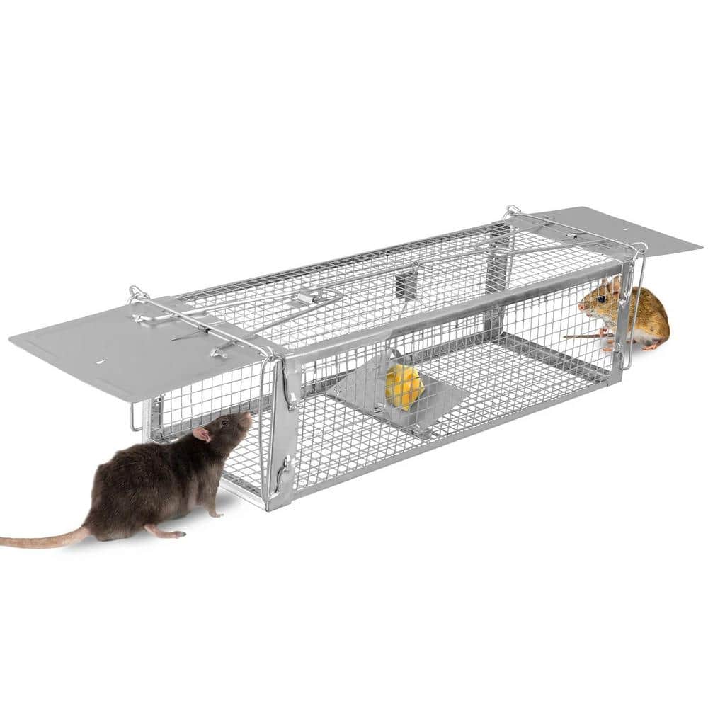 Dual Door Humane Rat Cage Trap with Zinc-Plated Mesh, Auto-Lock Pedal, Non-Toxic Bait and Rust-Proof Design, Silver - Hercitys