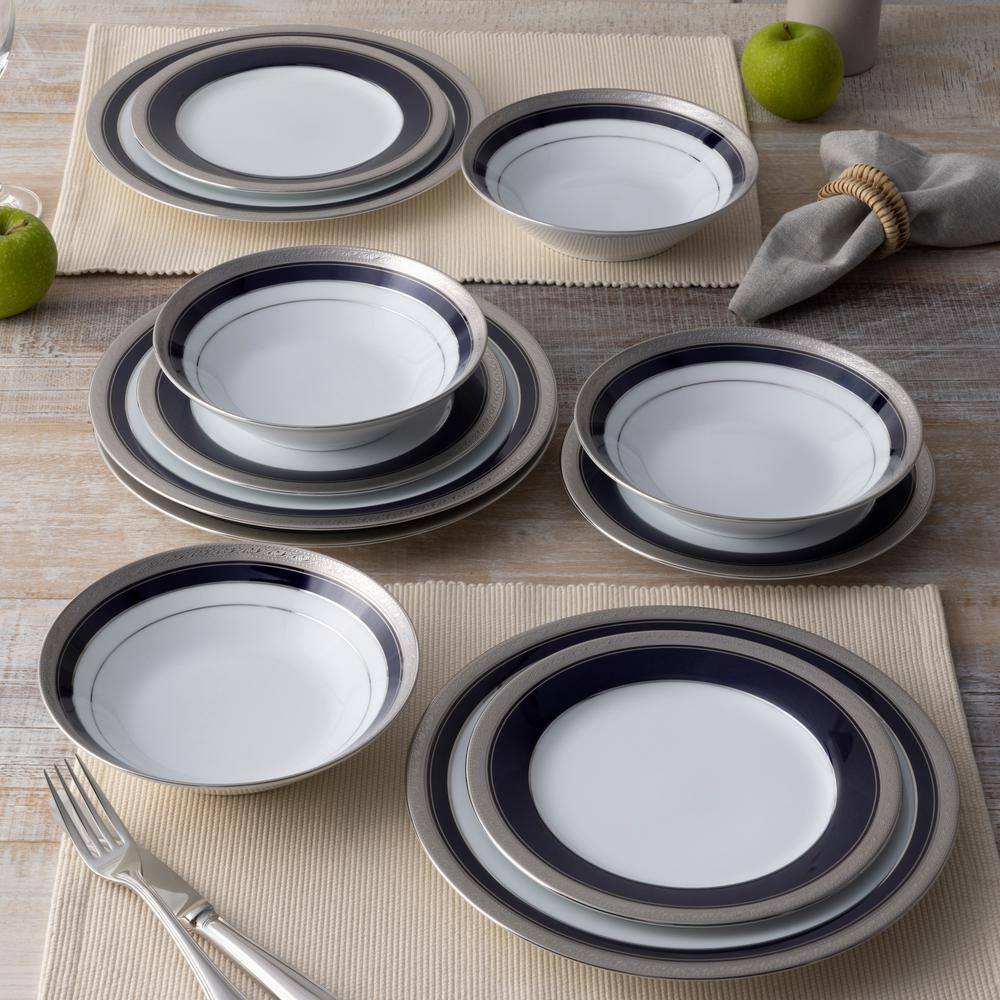 Crestwood Cobalt Platinum 12-Piece (White) Porcelain Dinnerware Set, Service for 4 - Hercitys
