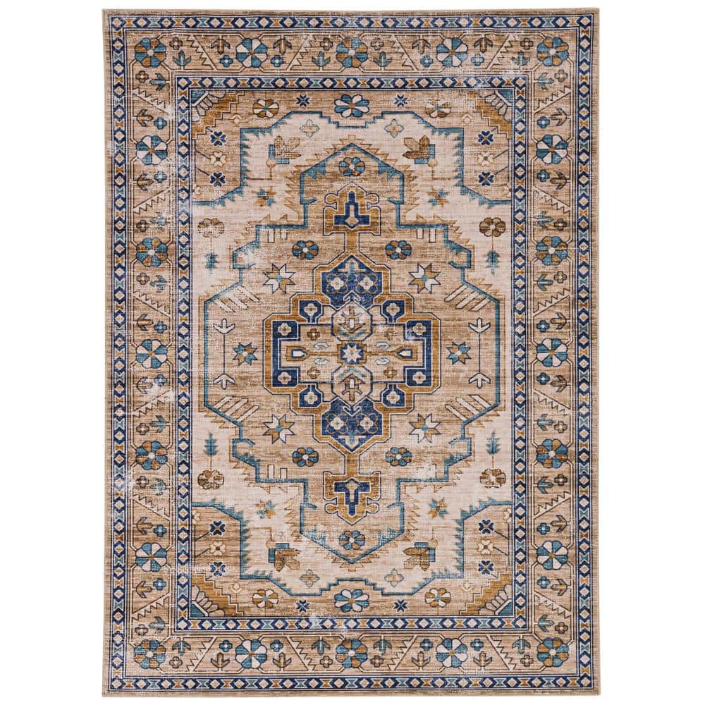 Washable Jackson Ivory and Gold 5 ft. x 7 ft. Distressed Polyester Area Rug - Hercitys