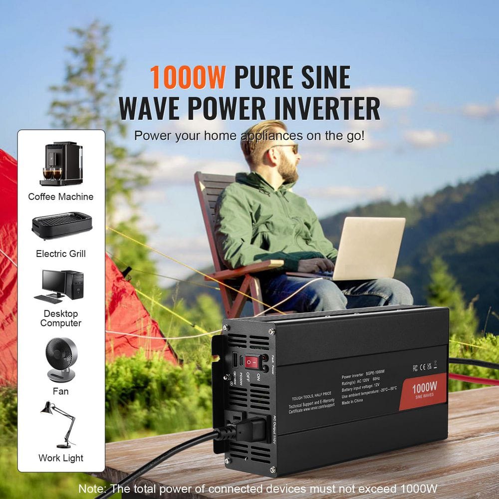 Sine Wave Converter 1000-Watt DC 12-Volt to AC 120-Volt with Dual AC Sockets 2 USB 1 Type-C Remote Operation - Hercitys