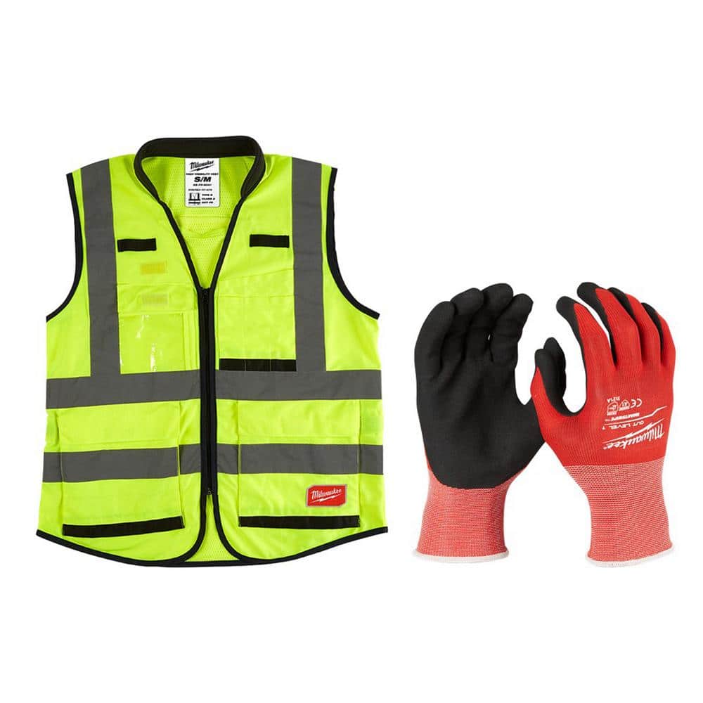 Premium 4X/5X-Large Yellow Class 2-High Vis Safety Vest and X-Large Red Nitrile Level 1 Cut Resistant Dipped Work Gloves - Hercitys