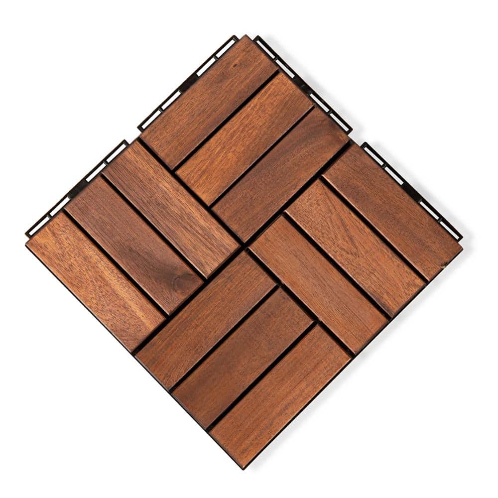Brown Acacia Wood 3/4 in. T x 12 in. W Solid Hardwood Flooring Interlocking Deck Tiles – Checker Pattern(20 sqft/case) - Hercitys