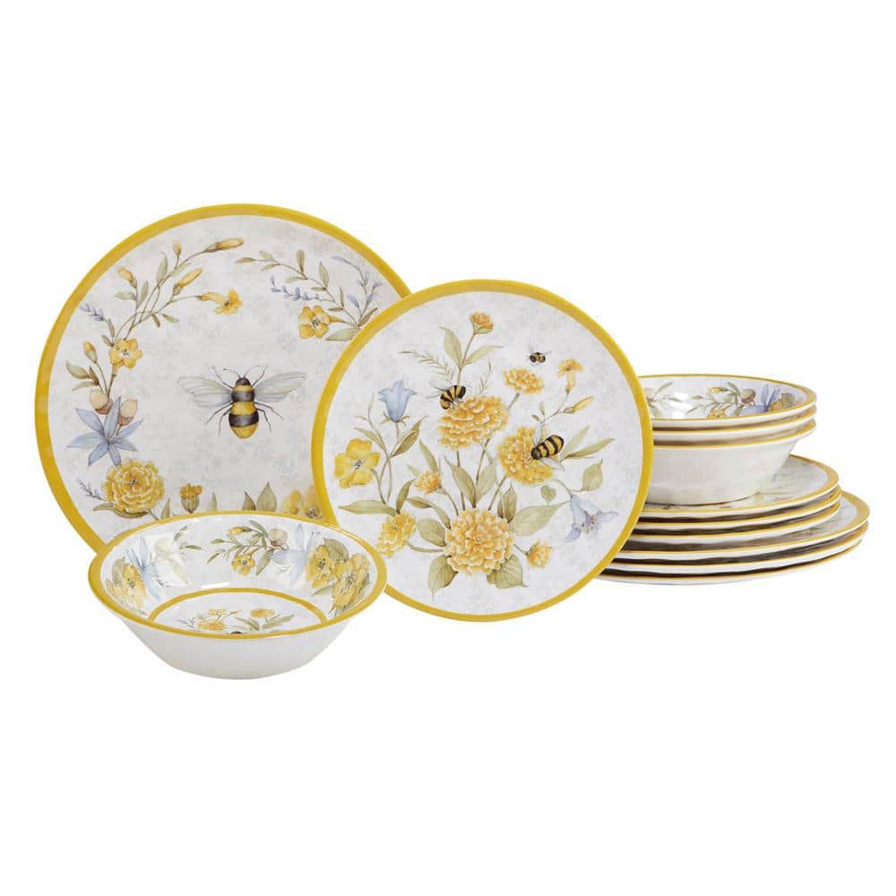 Bee Sweet 12-Piece Assorted Colors Melamine Dinnerware Set (Service for 4) - Hercitys