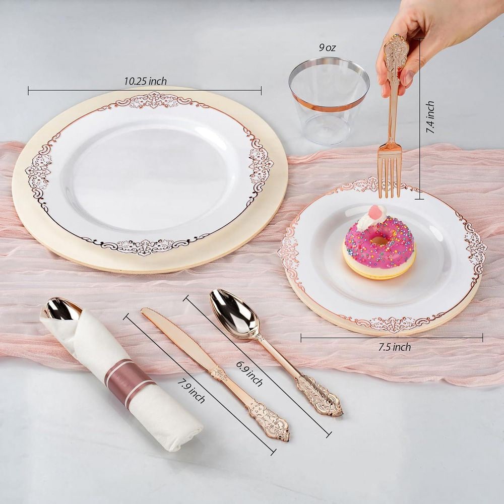 Rose Gold Disposable Plastic Dinnerware Set for 50-Guests (350-Pieces) - Hercitys
